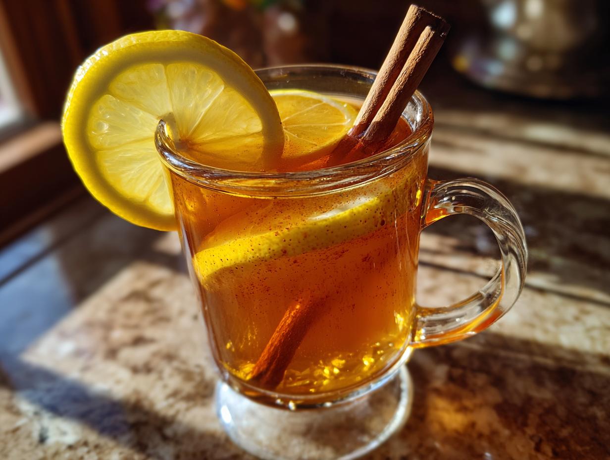 A close-up of a comforting hot toddy in a glass mug, garnished with lemon slices and cinnamon sticks.