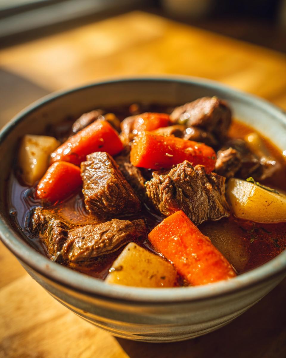 Close-up of a bowl filled with tender chunks of Instant Pot beef stew, carrots, and potatoes in a rich broth.