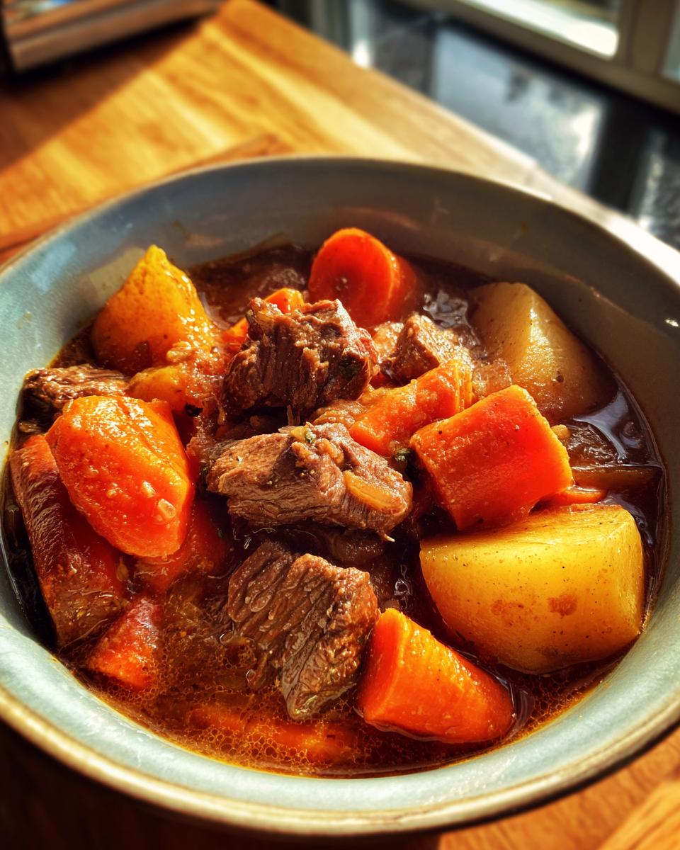 A close-up of a bowl of Instant Pot beef stew, featuring tender chunks of beef, carrots, and potatoes in a rich broth.