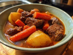 Close-up of a steaming bowl of Instant Pot beef stew with tender beef chunks, carrots, and potatoes.