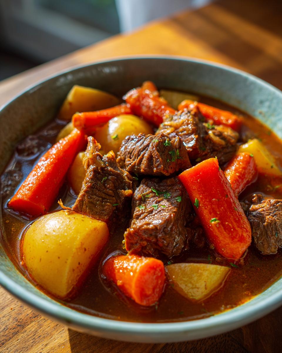 A close-up of a bowl filled with rich Instant Pot beef stew, featuring tender chunks of beef, carrots, and potatoes.