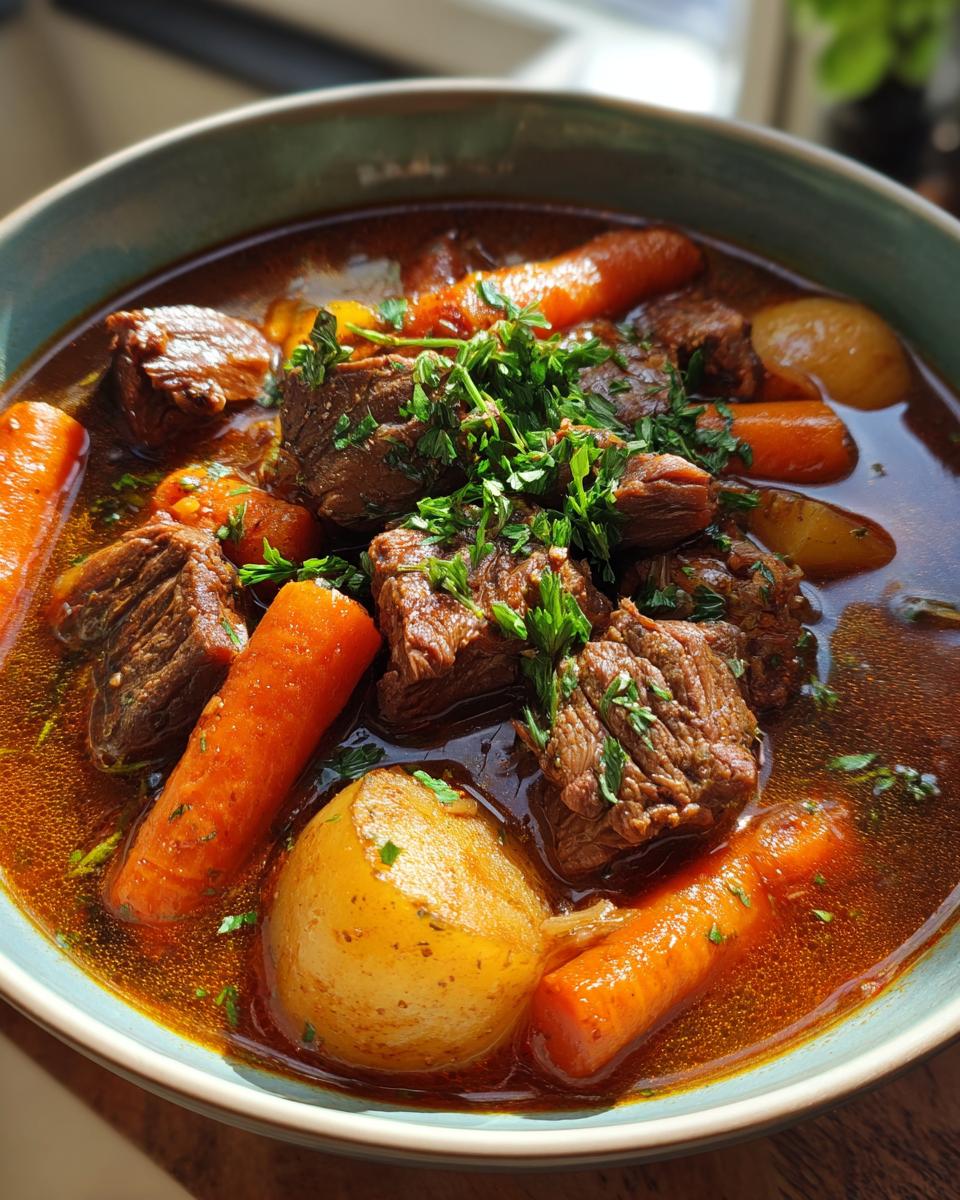 A close-up of a bowl of Instant Pot beef stew, featuring tender beef chunks, carrots, potatoes, and fresh parsley garnish.