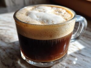 Close-up of a rich, dark Irish coffee topped with a thick layer of creamy foam.