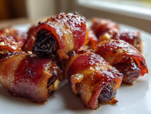 Close-up of several sticky, caramelized bacon-wrapped dates piled on a white plate, ready to serve.