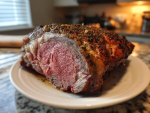 Close-up of a perfectly cooked prime rib roast showing a medium-rare pink center and herb crust.
