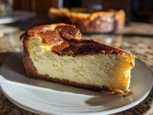 A generous slice of creamy Keto cheesecake with a golden-brown crust and slightly caramelized top, served on a white plate.
