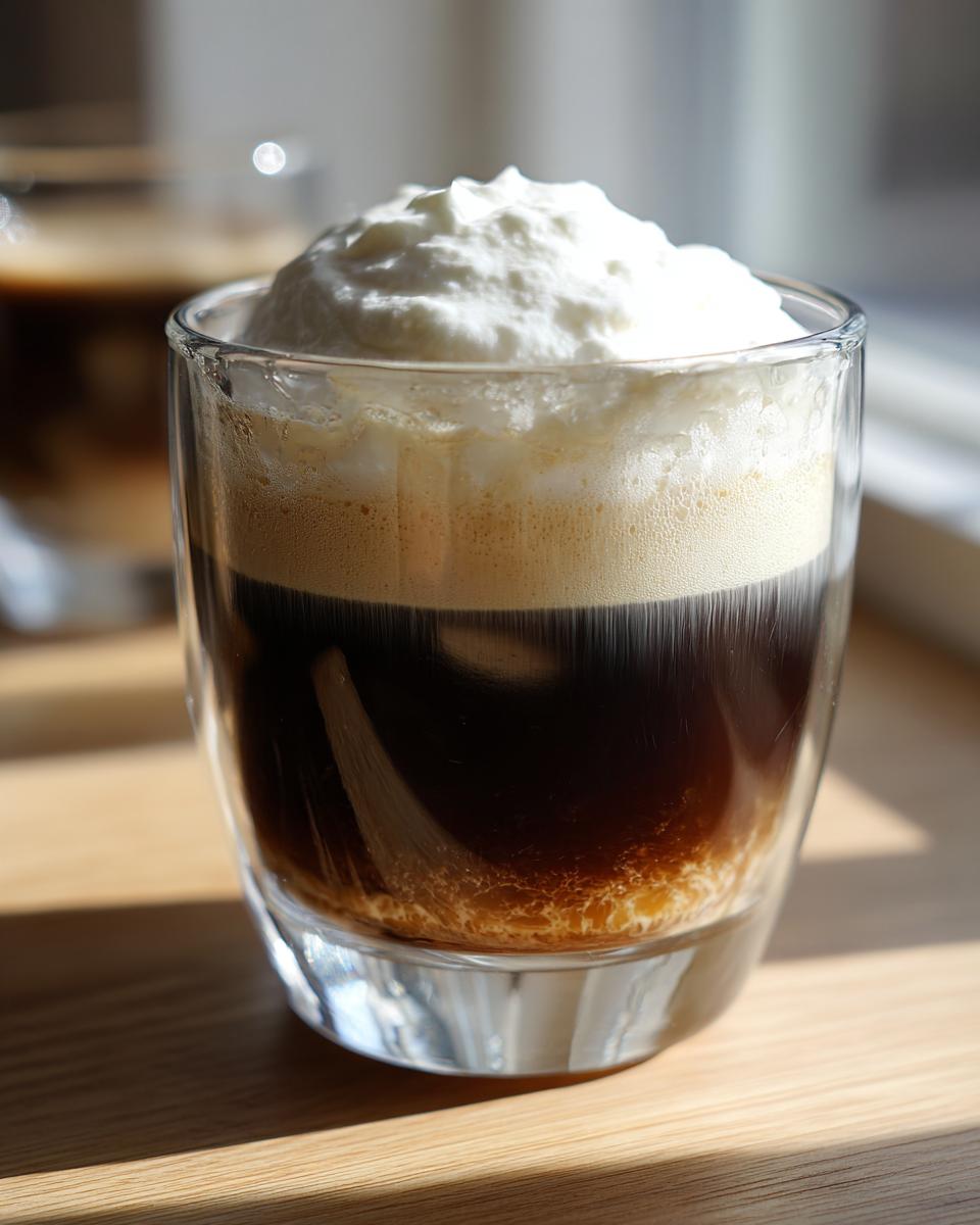 Close-up of a perfectly layered Irish coffee topped with thick whipped cream, showing dark coffee below.