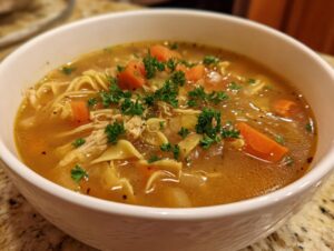 A close-up of a white bowl filled with comforting leftover turkey soup, featuring shredded turkey, egg noodles, and diced carrots, garnished with fresh parsley.
