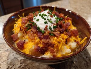 A bowl of loaded baked potato soup topped with shredded cheese, bacon bits, sour cream, and chives.