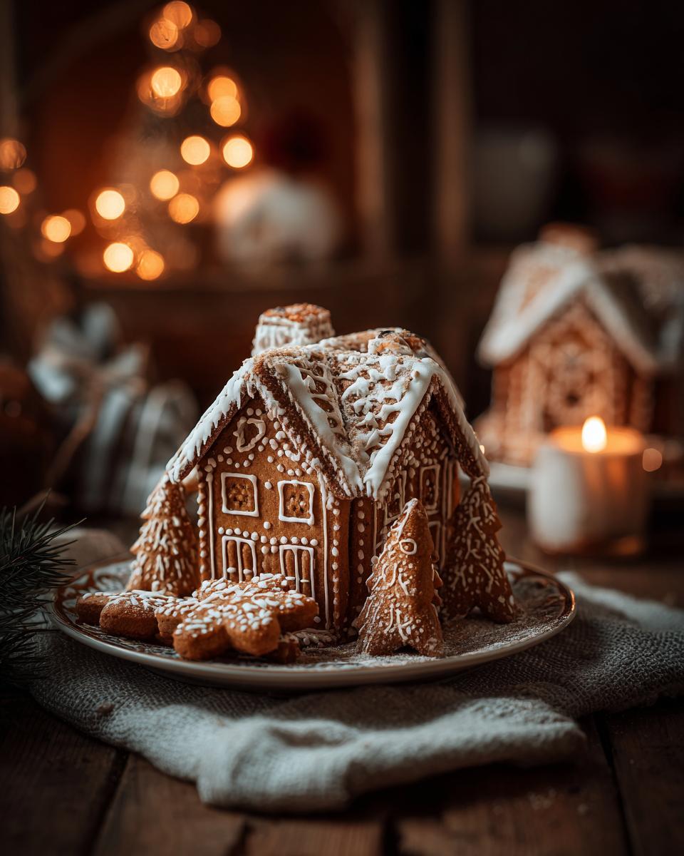 A beautifully decorated gingerbread house with white icing, surrounded by gingerbread trees and cookies, set against a warm, festive background.