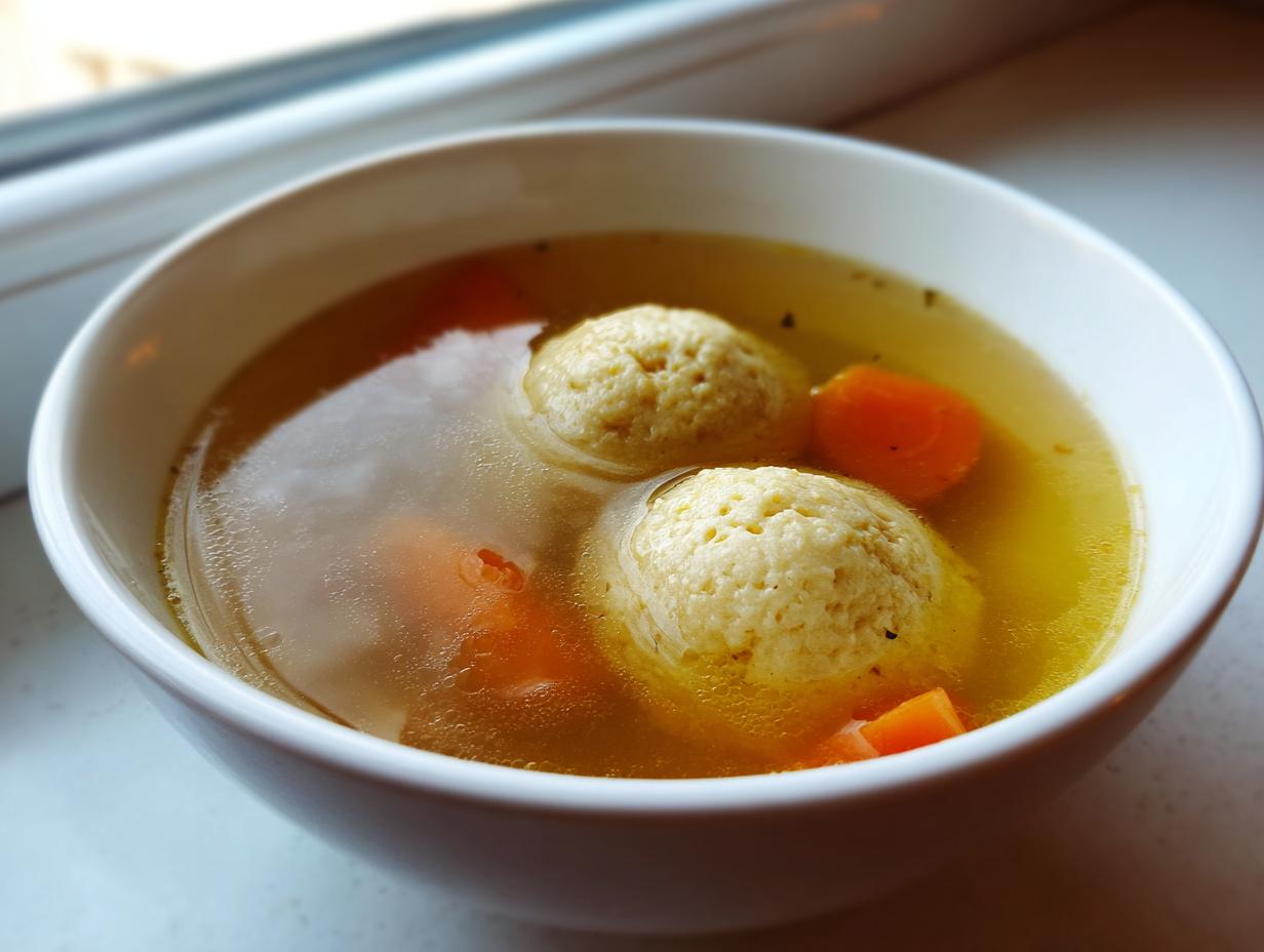 Close-up of two fluffy matzo balls floating in clear broth with sliced carrots in a white bowl, featuring amazing matzo ball soup.