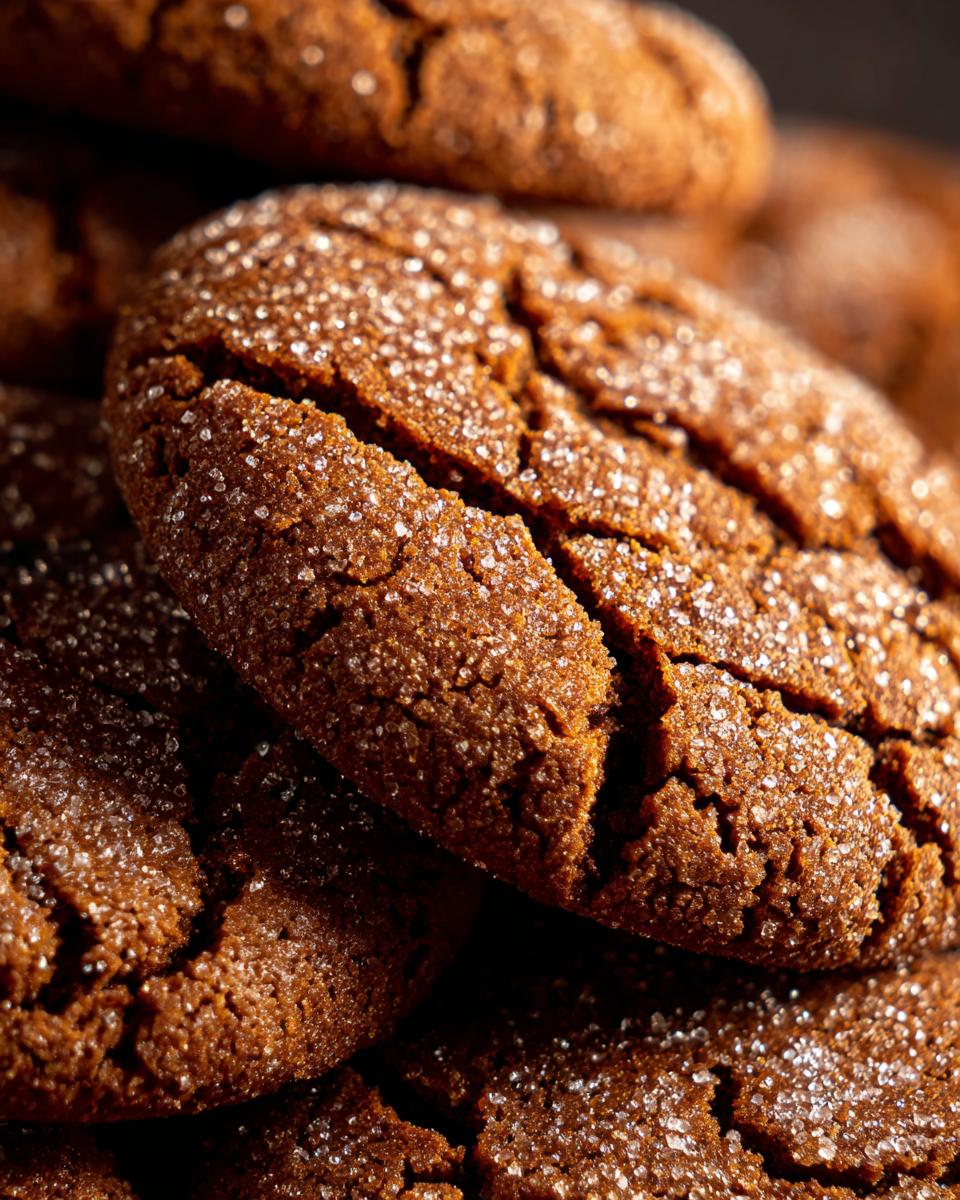A close-up, macro shot of several chewy molasses cookies, coated in sparkling sugar crystals.