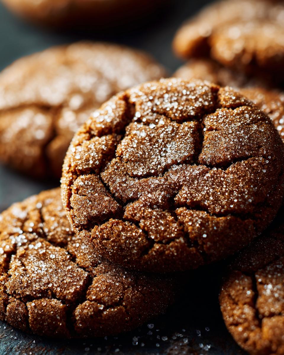 A close-up view of several chewy molasses cookies, coated in sparkling sugar crystals.