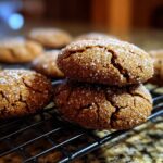 Close-up of two chewy molasses cookies stacked on a cooling rack, coated in sparkling sugar crystals.