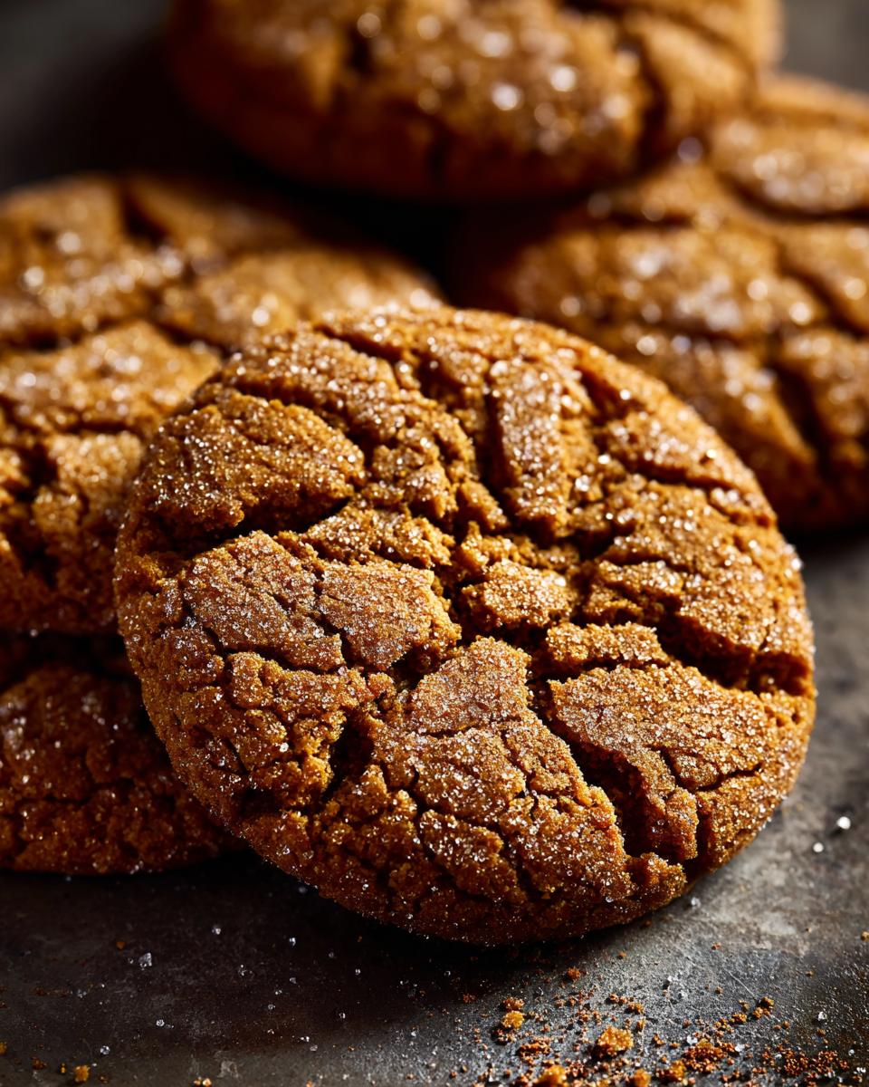 Close-up of several cracked molasses cookies dusted with sugar, ready to be enjoyed.
