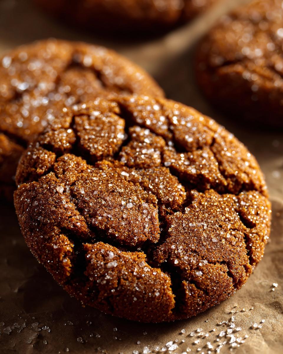 Close-up of a cracked molasses cookie dusted with sparkling sugar crystals.