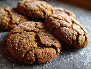 Close-up of several delicious molasses cookies, generously coated in sparkling sugar crystals, with a cracked surface.