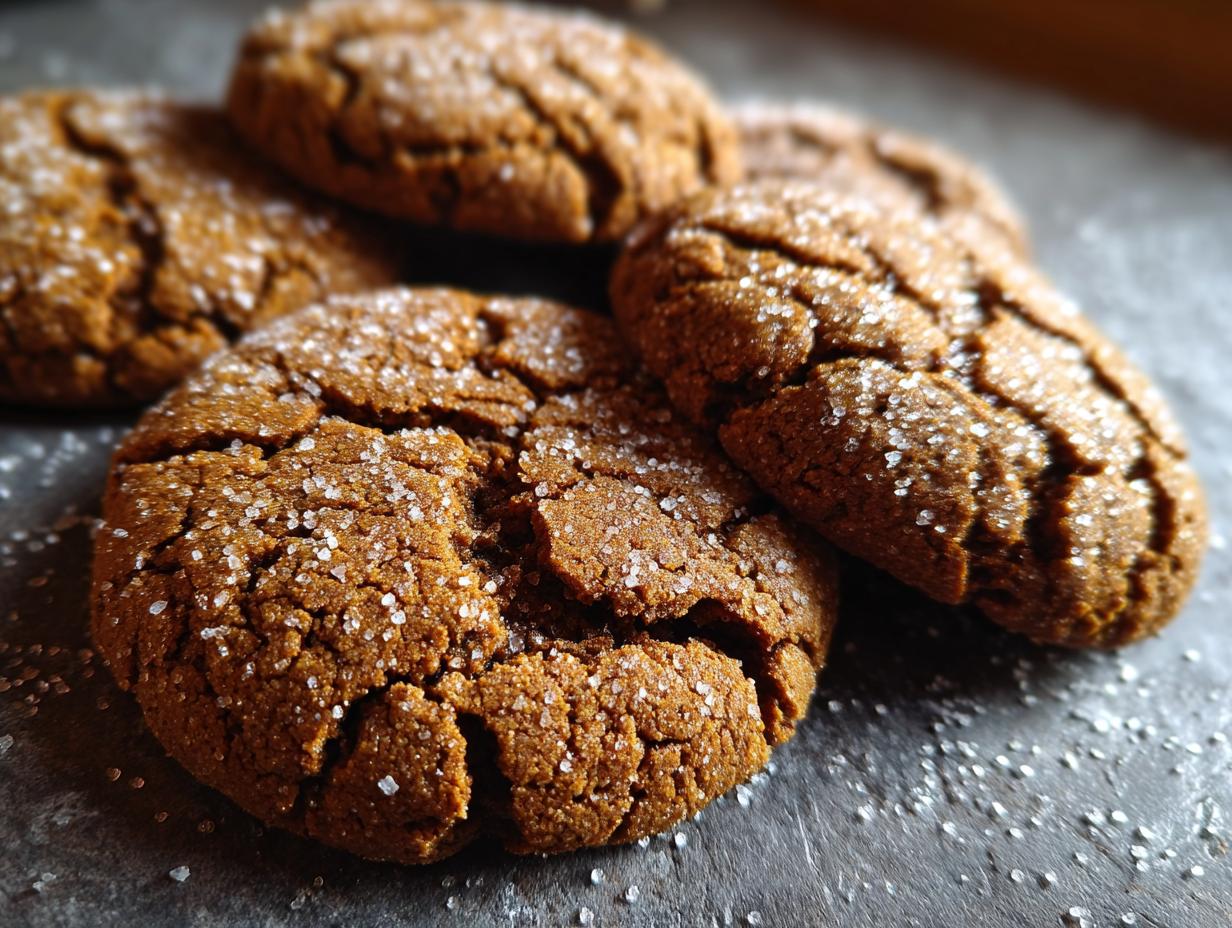 Close-up of several delicious molasses cookies, generously coated in sparkling sugar crystals, with a cracked surface.