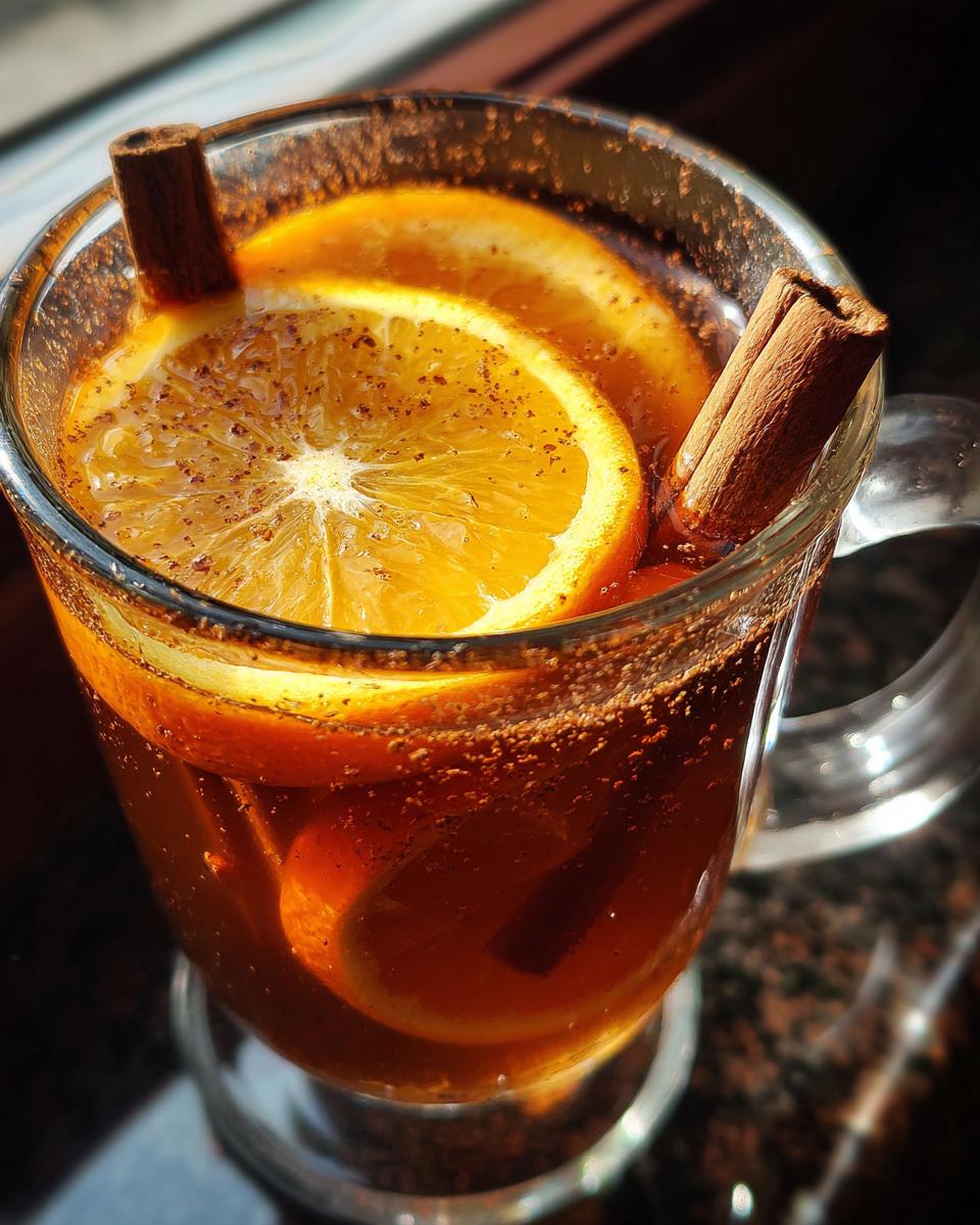 A close-up of a glass mug filled with warm mulled cider, garnished with orange slices and cinnamon sticks.