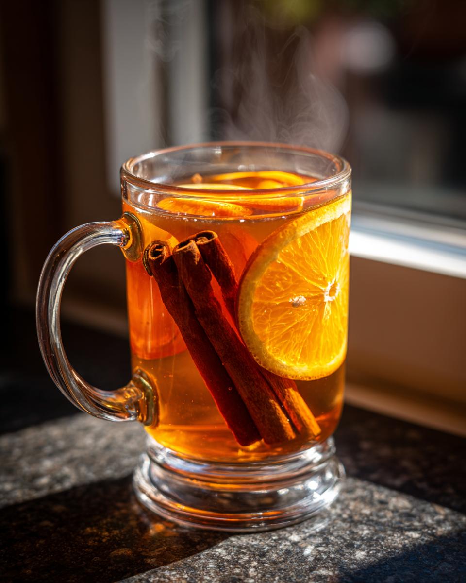 A clear mug filled with steaming mulled cider, featuring orange slices and cinnamon sticks.