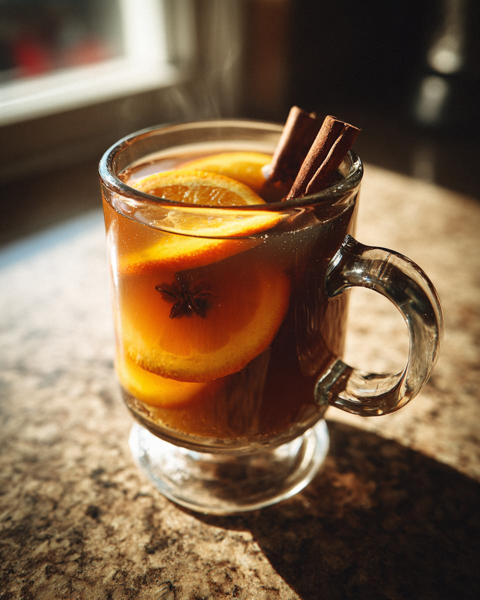 A close-up of a glass mug filled with steaming mulled cider, garnished with orange slices, cinnamon sticks, and star anise.