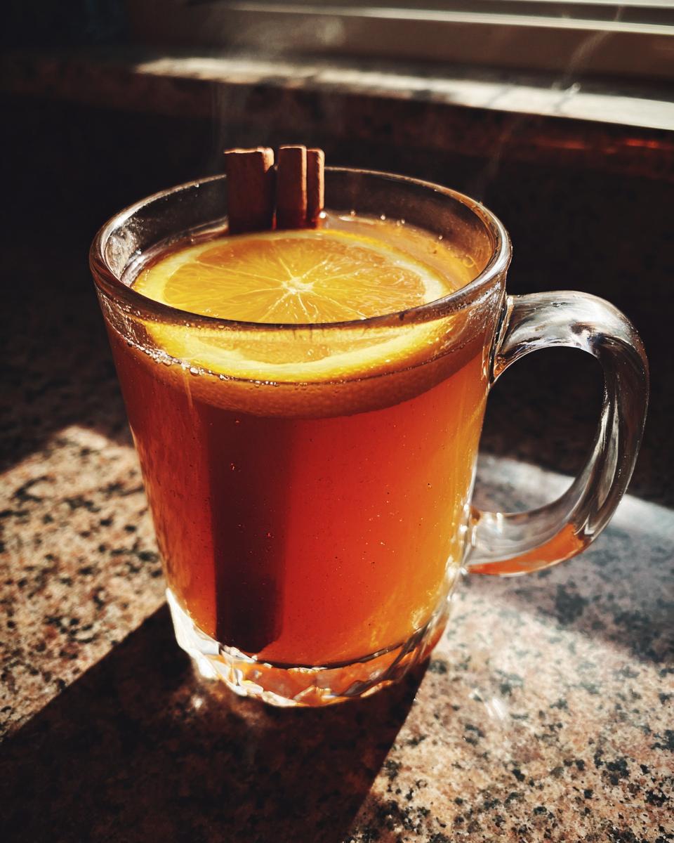 A steaming mug of mulled cider, garnished with a slice of orange and cinnamon sticks.