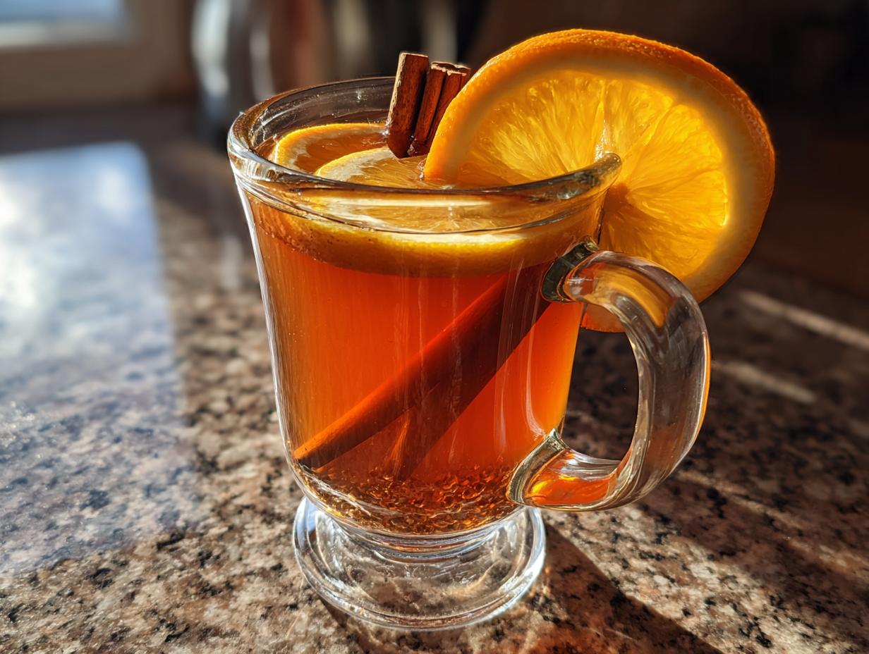 A close-up of a glass mug filled with warm mulled cider, garnished with orange slices and cinnamon sticks.
