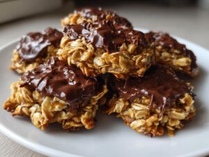 A close-up of a pile of no bake cookies topped with melted chocolate.