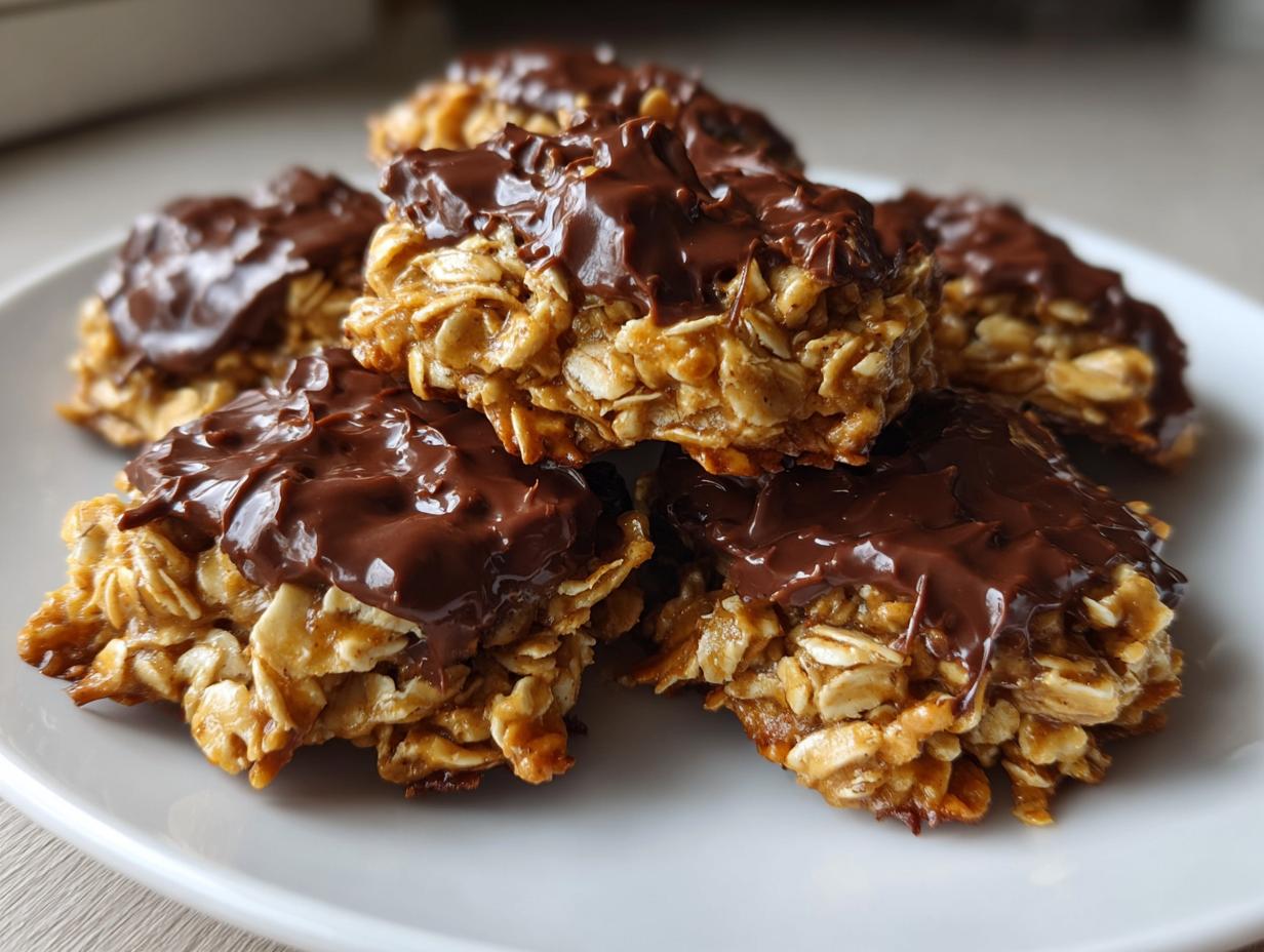 A close-up of a pile of no bake cookies topped with melted chocolate.