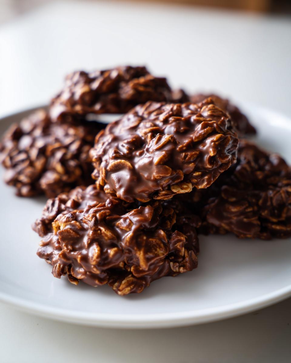 A close-up shot of a stack of delicious chocolate no bake cookies on a white plate.