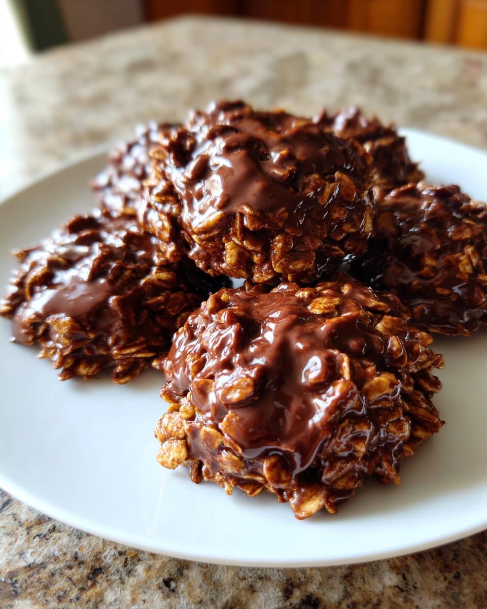Close-up of a pile of chocolate no bake cookies made with oats and chocolate.