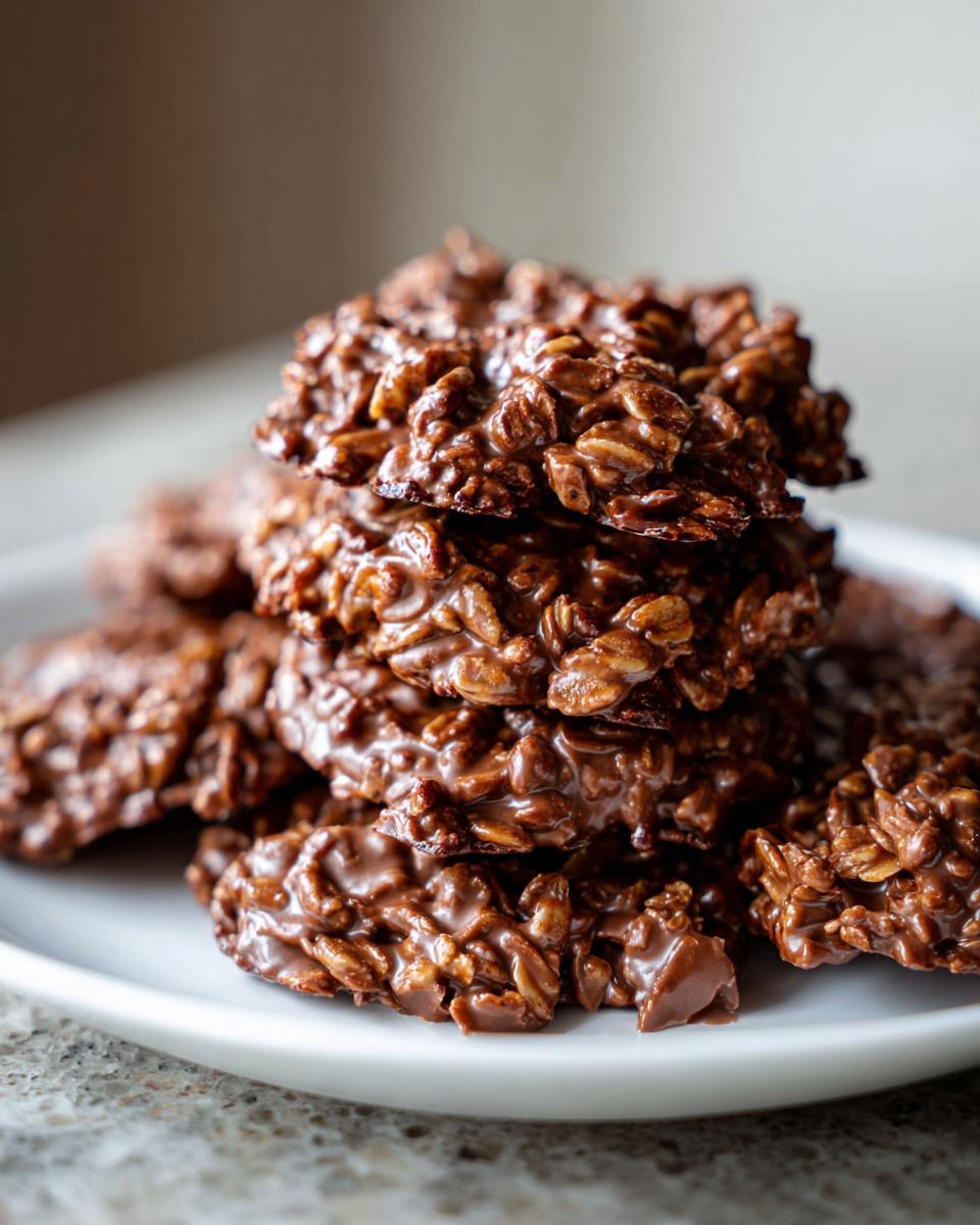 A close-up stack of rich chocolate no bake cookies made with oats.