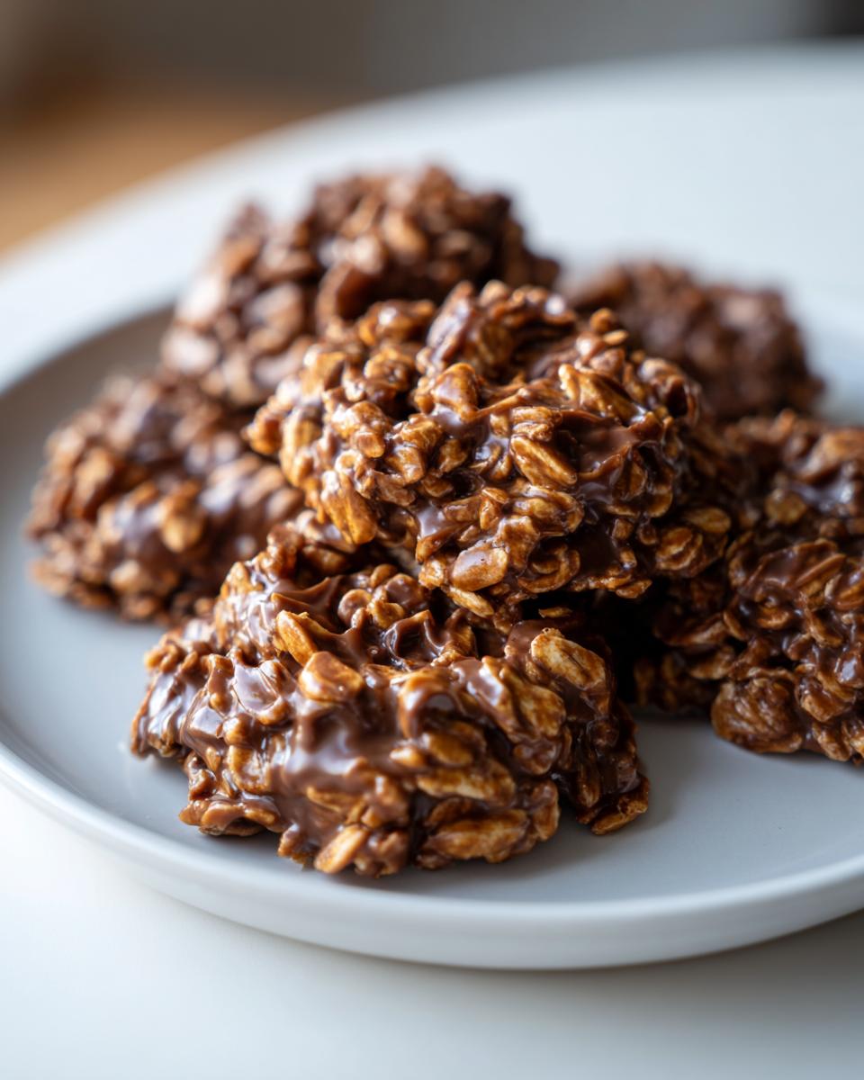 A close-up of a pile of rich, chocolatey no bake cookies made with oats on a light gray plate.