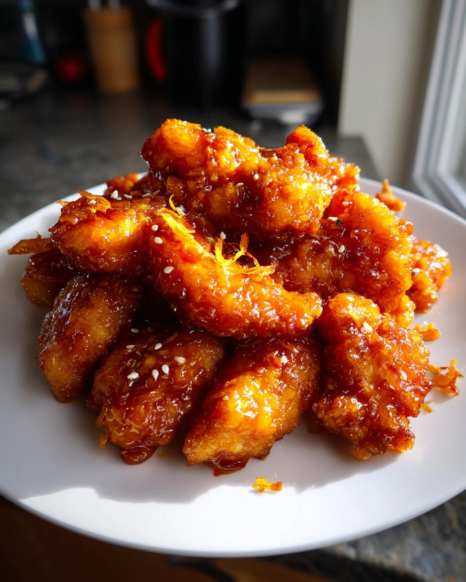 A close-up of a pile of crispy Orange Chicken pieces coated in a glossy, tangy sauce, sprinkled with sesame seeds and orange zest.