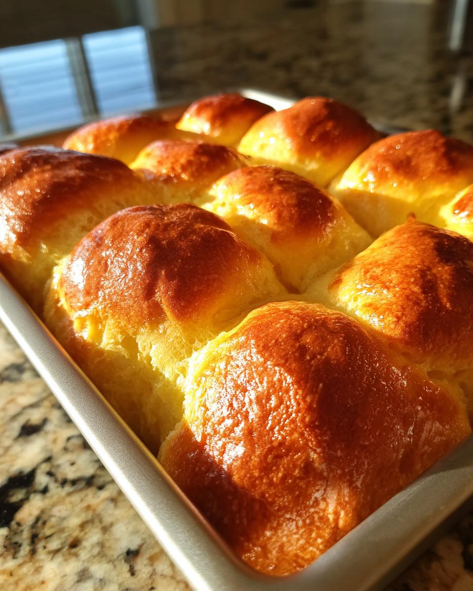 Close-up of freshly baked golden Parker House rolls nestled in a baking pan.