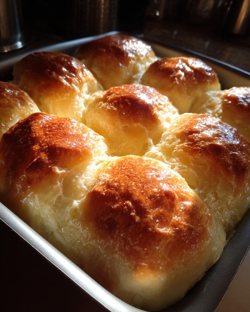 Close-up of freshly baked Parker House rolls with golden brown tops in a baking pan.
