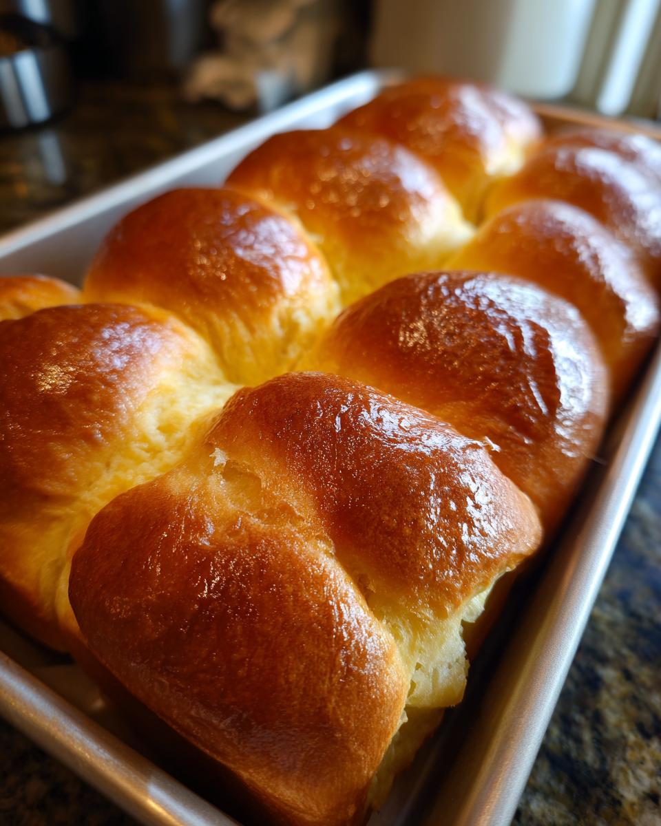 Close-up of freshly baked Parker House rolls in a baking pan, golden brown and glistening.