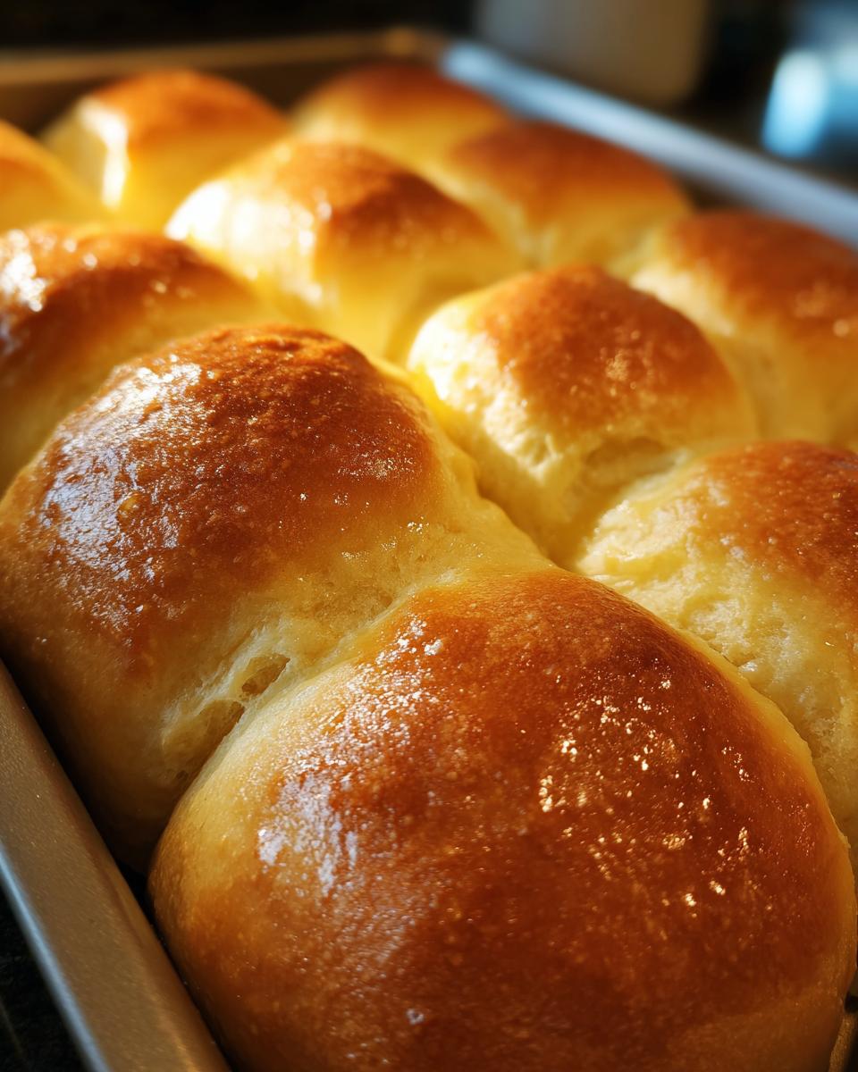 Close-up of golden-brown Parker House rolls in a baking pan, showcasing their soft texture and glossy finish.