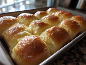 A close-up of a baking pan filled with freshly baked, golden Parker House rolls, glistening with melted butter.
