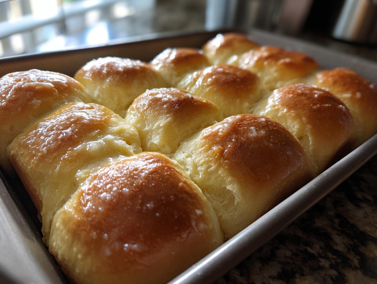 A close-up of a baking pan filled with freshly baked, golden Parker House rolls, glistening with melted butter.