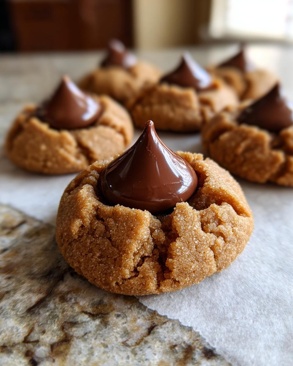 Close-up of a perfect peanut butter blossom cookie topped with a chocolate kiss.