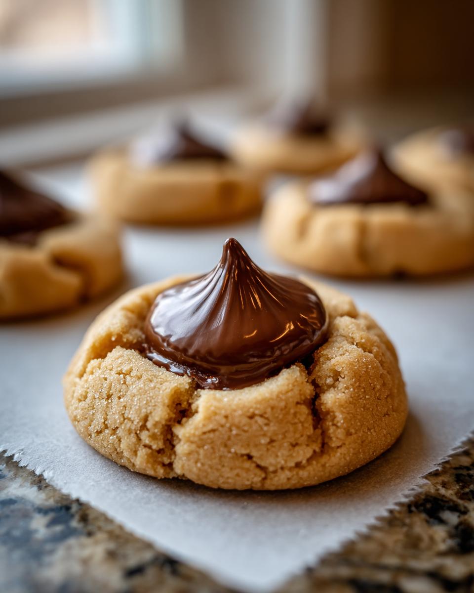 A close-up of a perfect peanut butter blossom cookie topped with a shiny chocolate kiss.