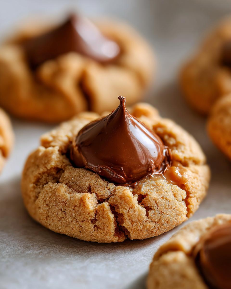 Close-up of a perfectly baked peanut butter blossom cookie with a melted chocolate kiss on top.
