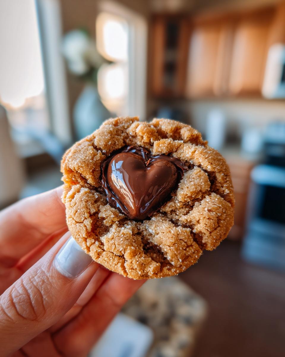 A close-up of a peanut butter blossom cookie with a heart-shaped chocolate candy pressed into the center.