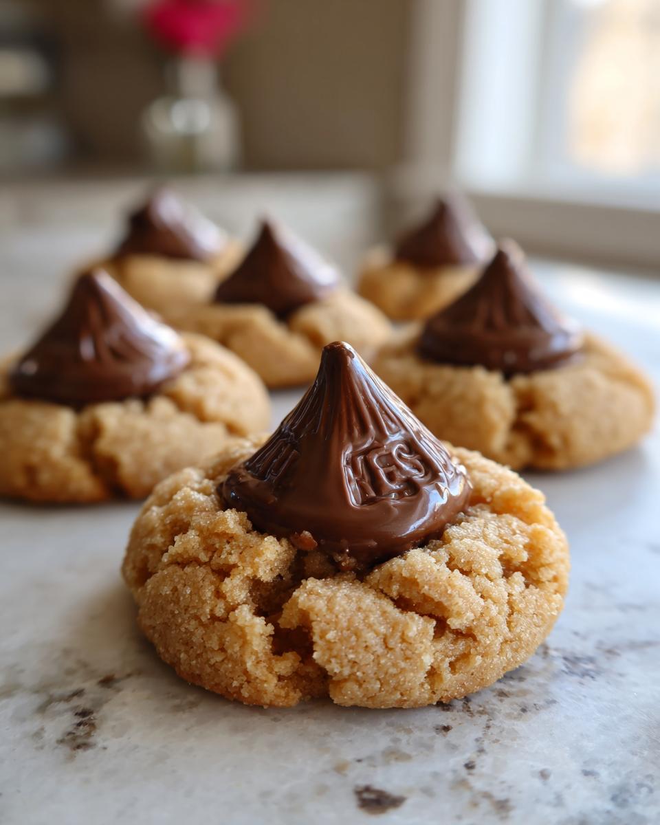 Close-up of a classic peanut butter blossom cookie topped with a Hershey's Kiss.