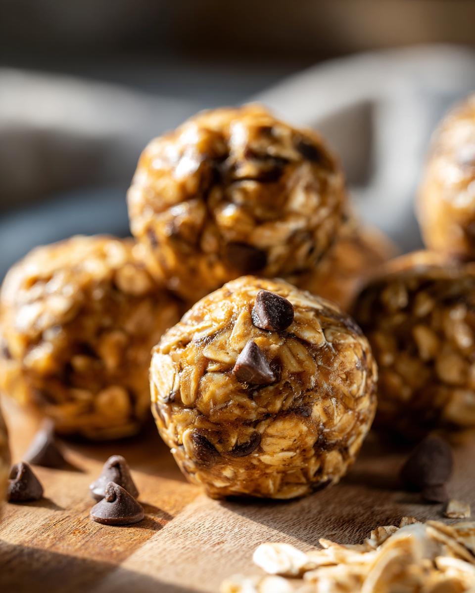 Close-up of delicious peanut butter oatmeal energy bites studded with chocolate chips on a wooden board.