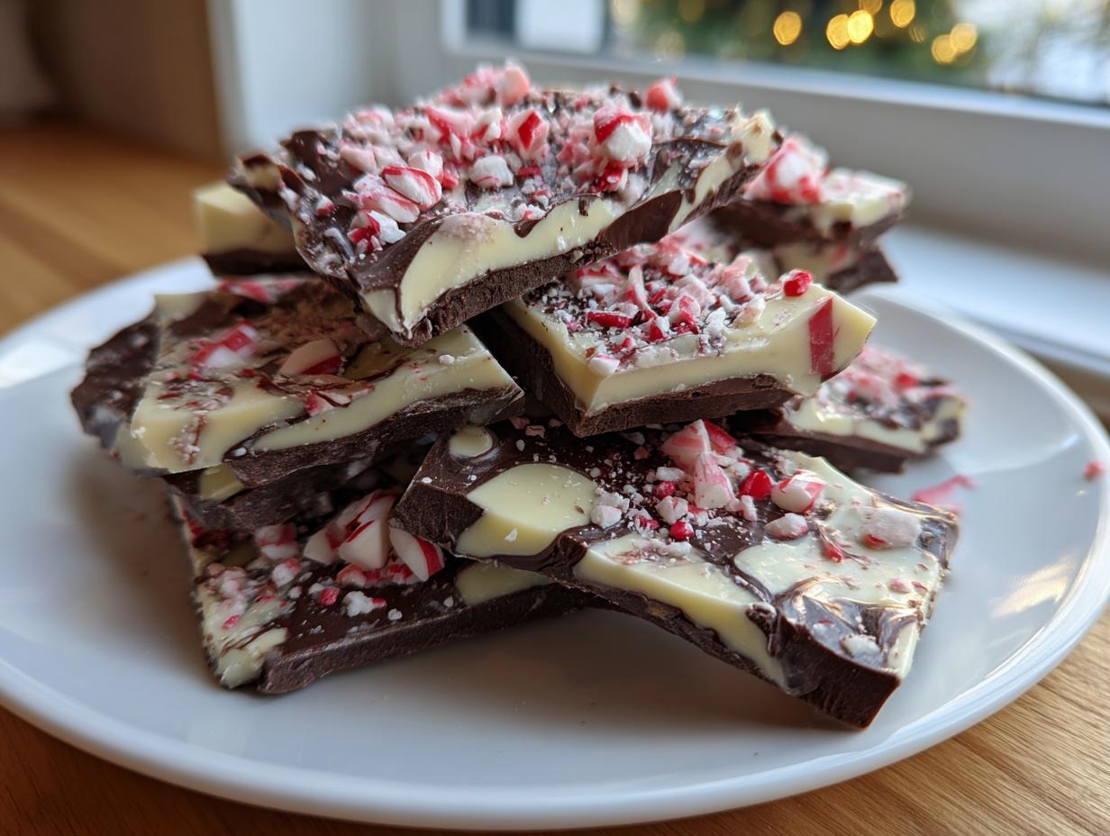 A stack of rich dark and white chocolate peppermint bark pieces, generously topped with crushed candy canes.