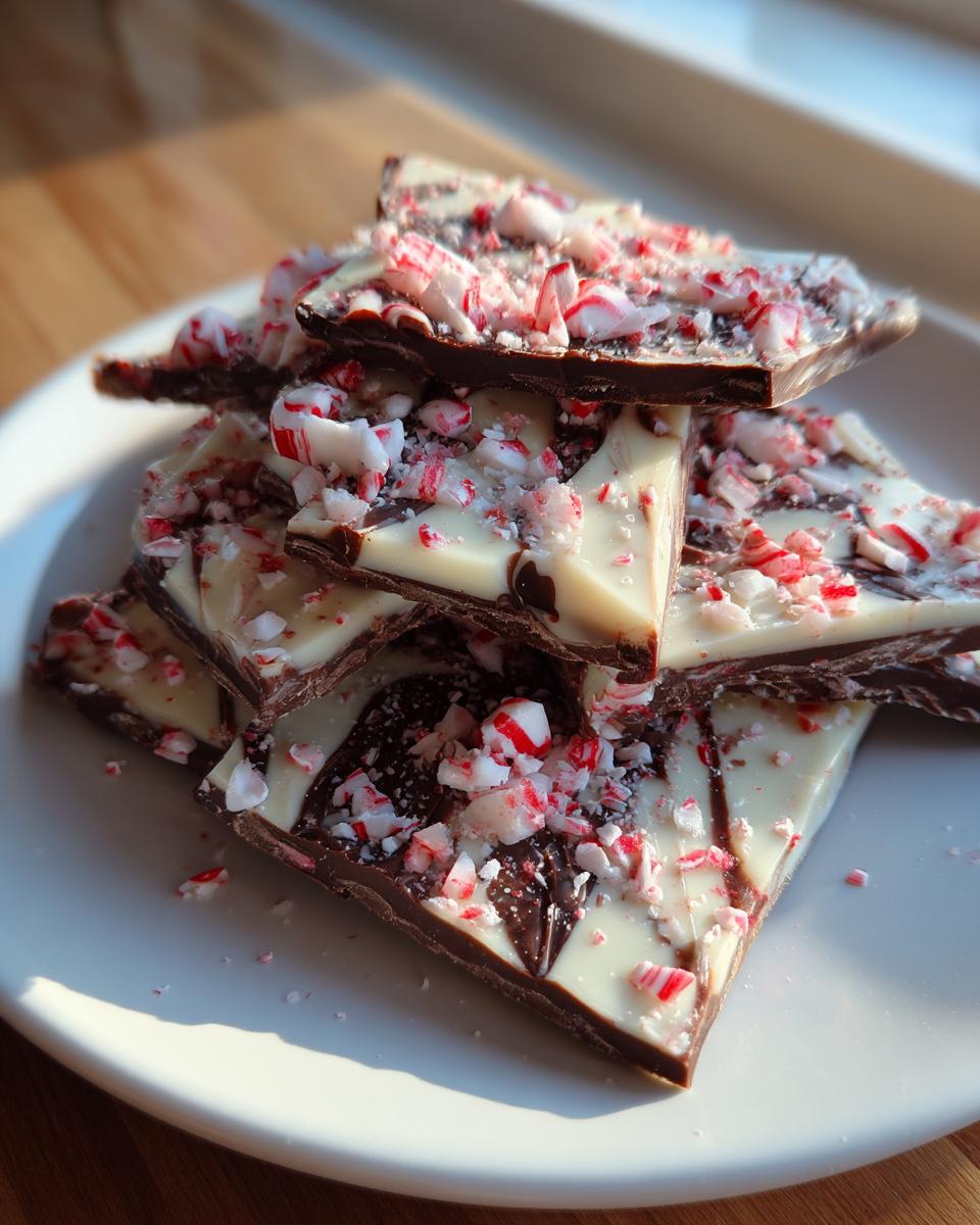 A stack of broken pieces of dark and white chocolate peppermint bark, generously topped with crushed candy canes.