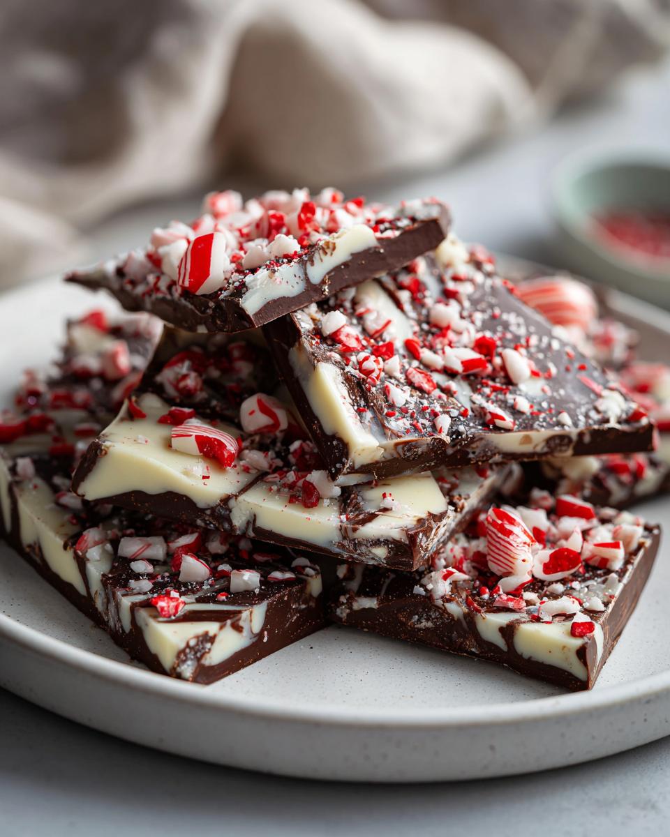 A close-up stack of dark and white chocolate peppermint bark pieces, generously topped with crushed candy canes.