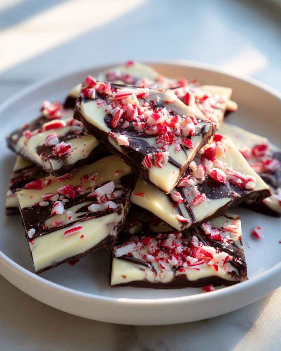 A close-up of broken pieces of peppermint bark, featuring swirls of dark and white chocolate topped with crushed candy canes.